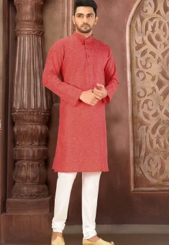 Solid Color Cotton Slub Kurta Set in Red
