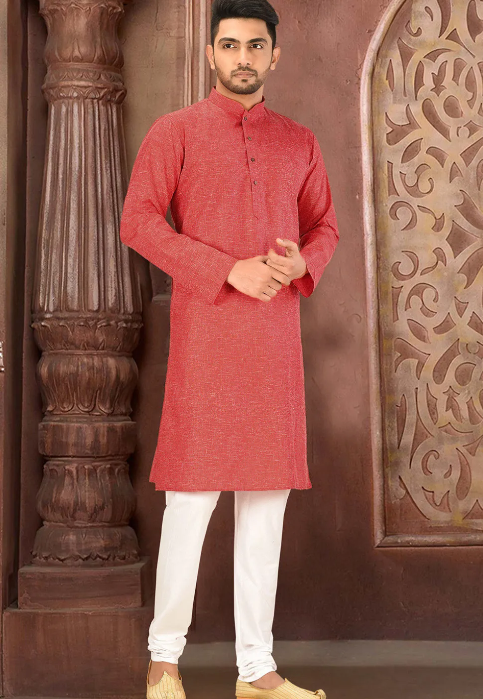 Solid Color Cotton Slub Kurta Set in Red