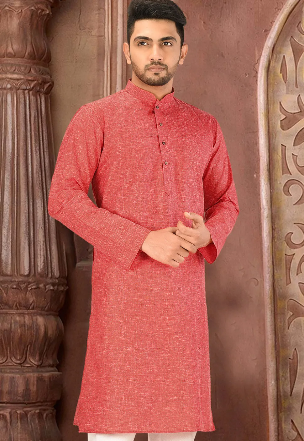 Solid Color Cotton Slub Kurta in Red