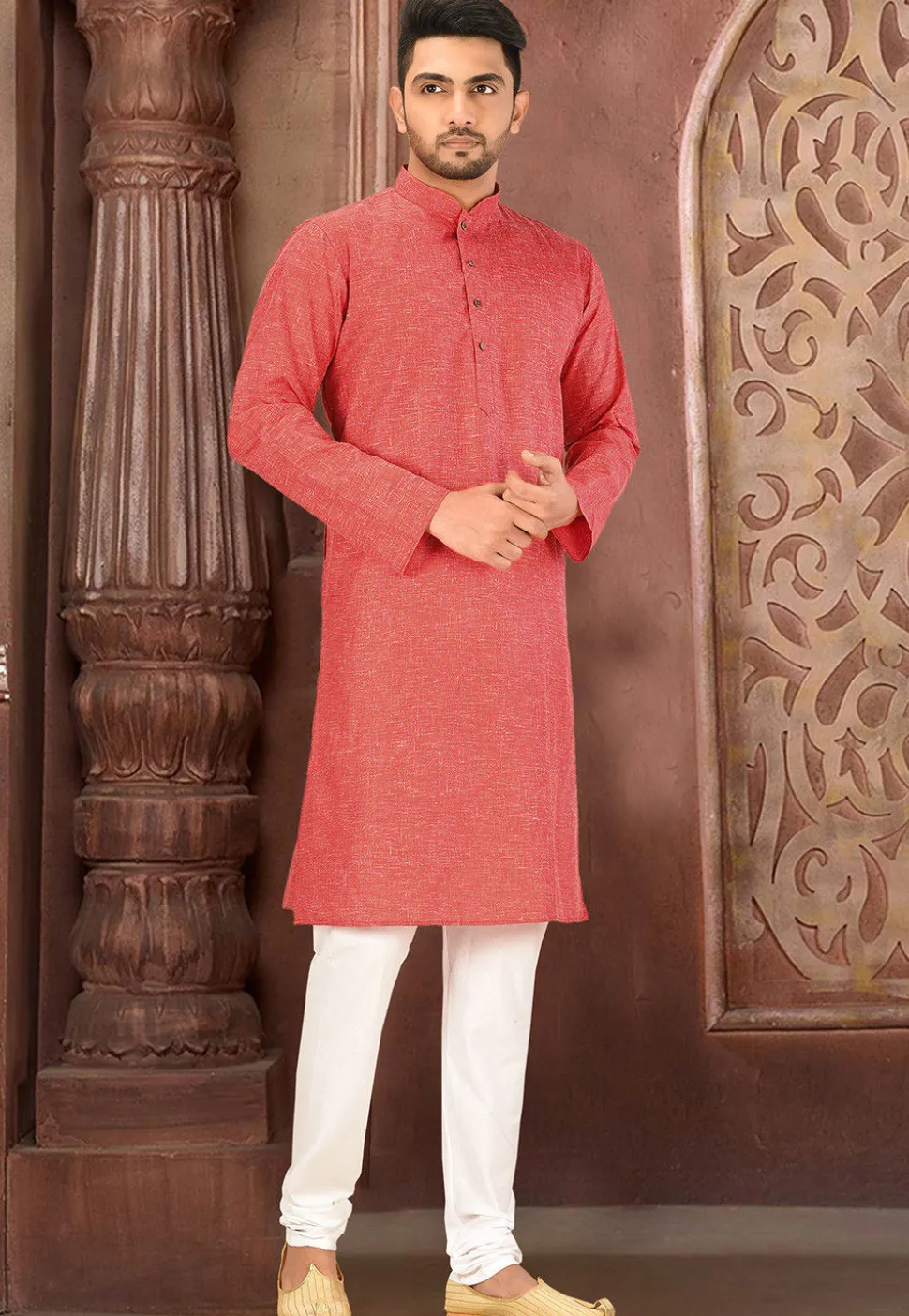 Solid Color Cotton Slub Kurta in Red