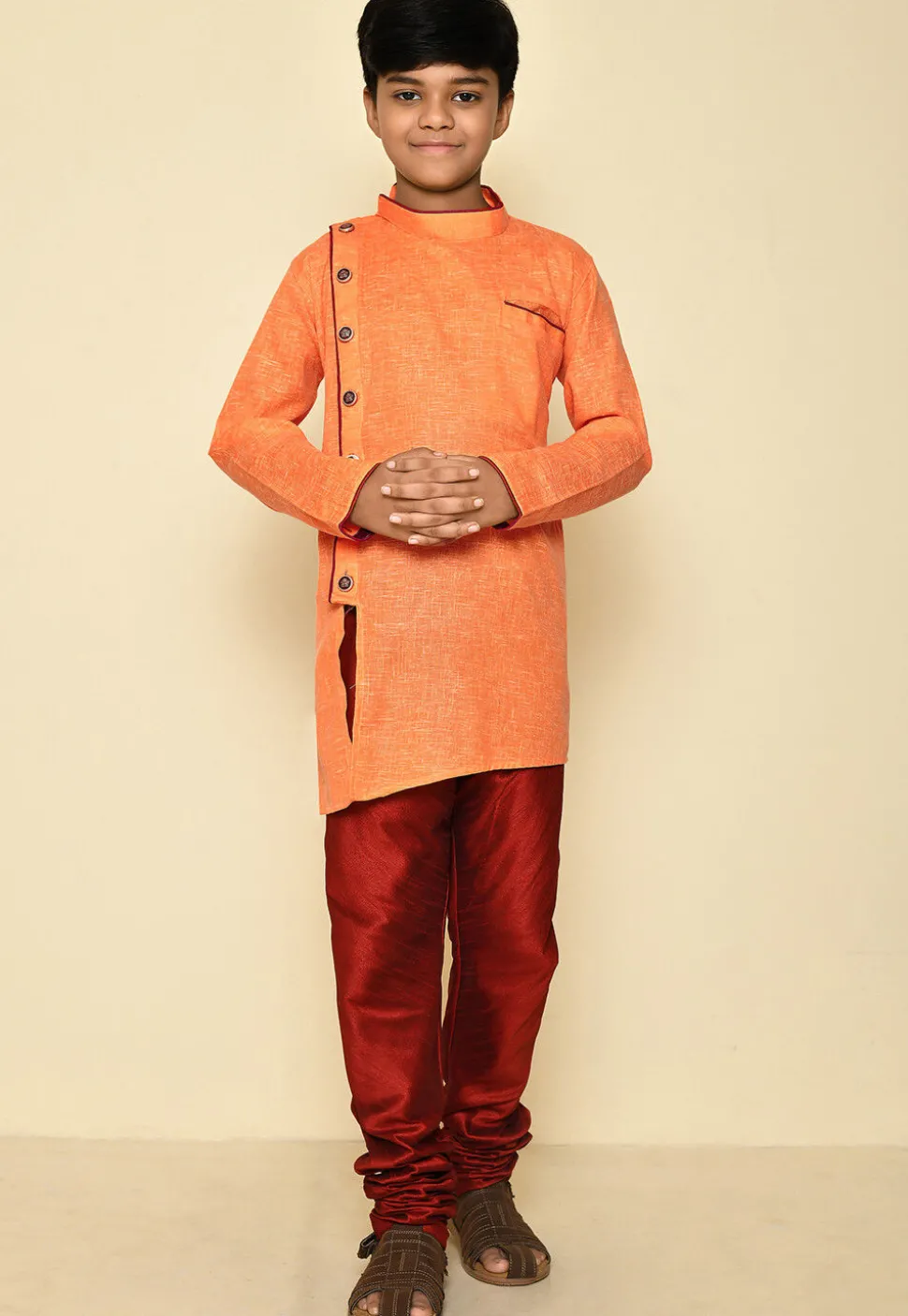Solid Color Cotton Slub Kurta in Orange