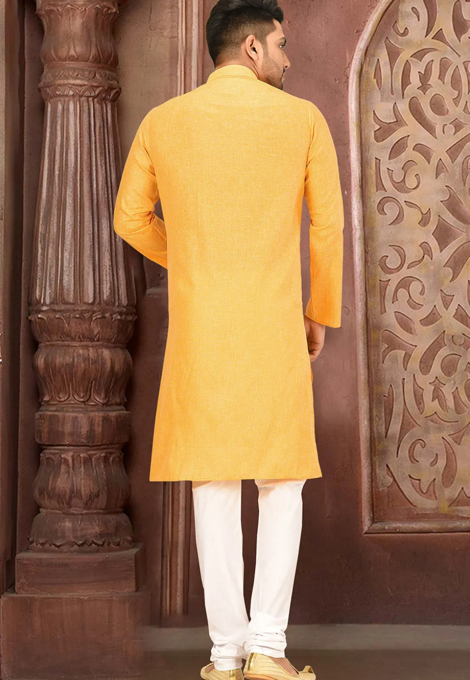 Solid Color Cotton Slub Kurta Set in Mustard