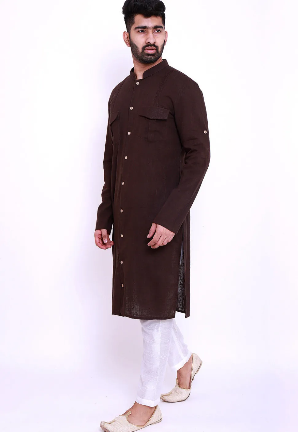 Solid Color Cotton Slub Pathani Suit in Brown