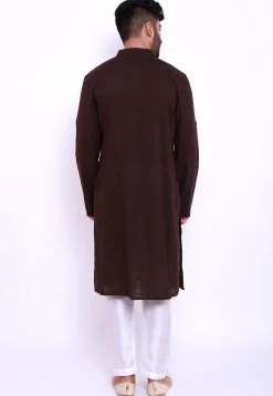 Solid Color Cotton Slub Pathani Suit in Brown