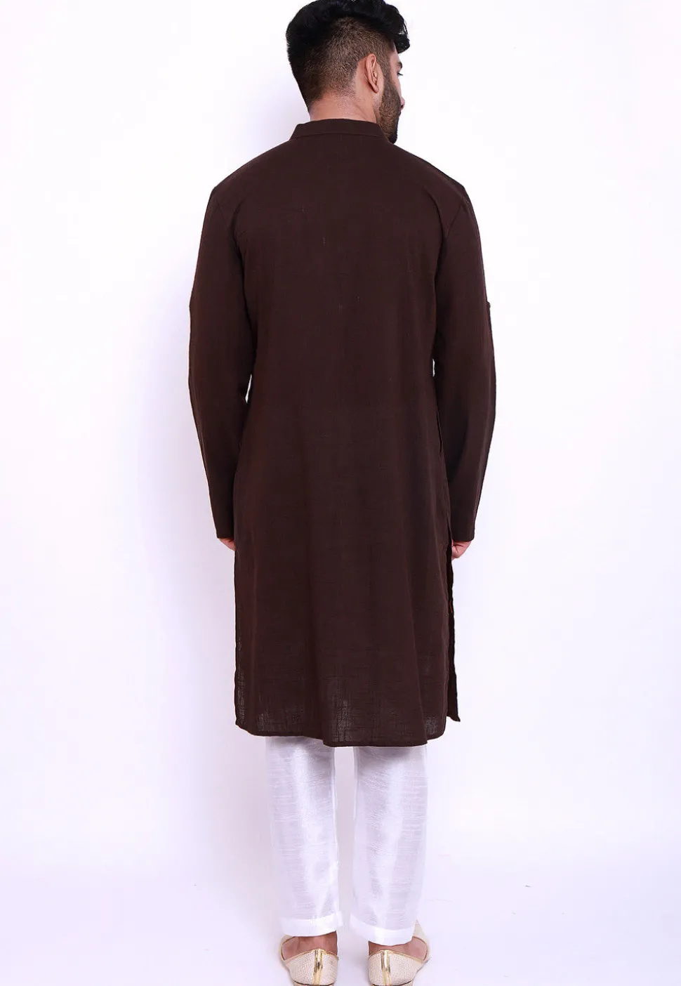 Solid Color Cotton Slub Pathani Suit in Brown