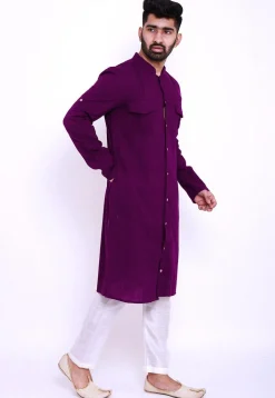 Solid Color Cotton Slub Pathani Suit in Purple