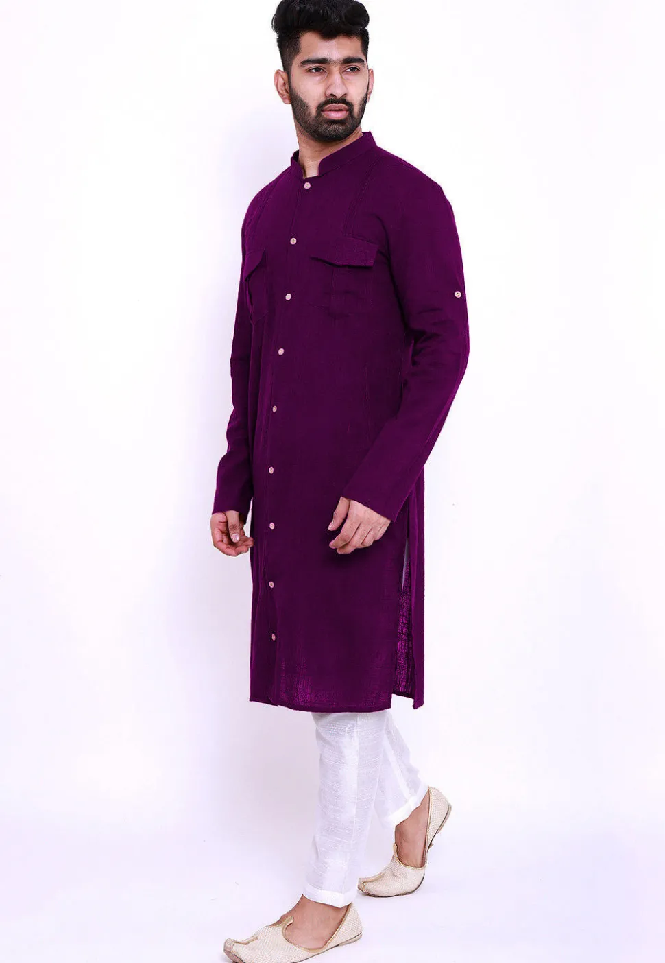 Solid Color Cotton Slub Pathani Suit in Purple