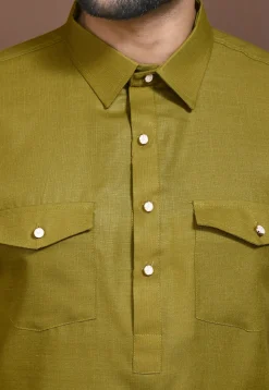 Solid Color Cotton Slub Paithani Suit in Olive Green