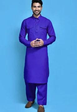 Solid Color Cotton Slub Paithani Suit in Royal Blue