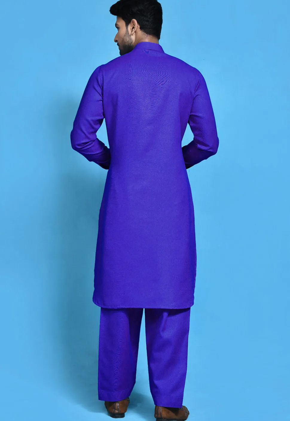 Solid Color Cotton Slub Paithani Suit in Royal Blue