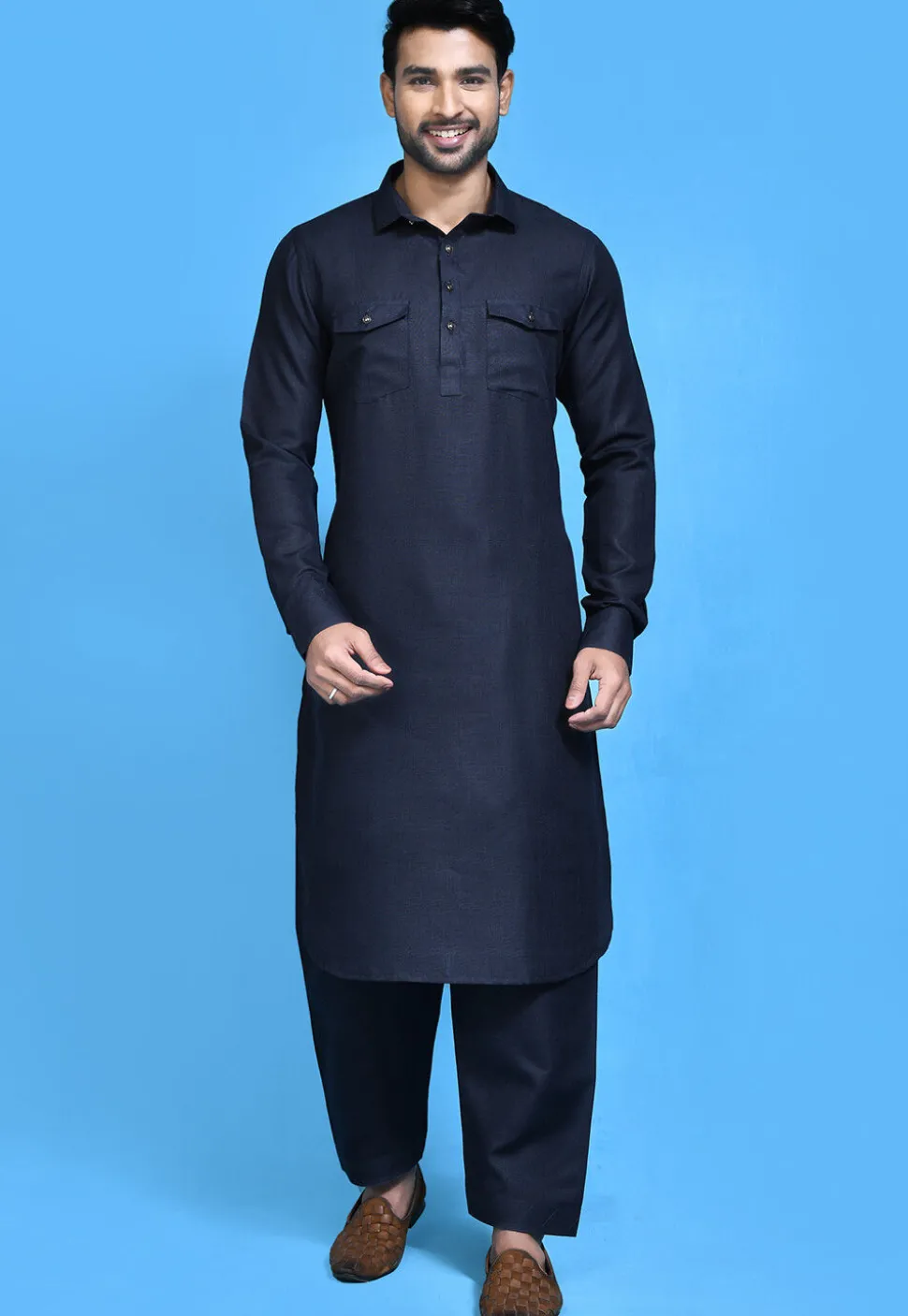 Solid Color Cotton Slub Paithani Suit in Navy Blue