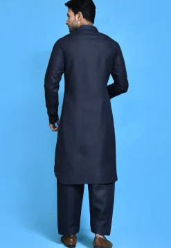 Solid Color Cotton Slub Paithani Suit in Navy Blue