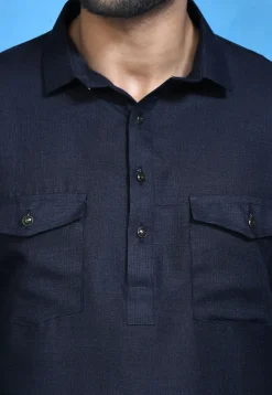 Solid Color Cotton Slub Paithani Suit in Navy Blue