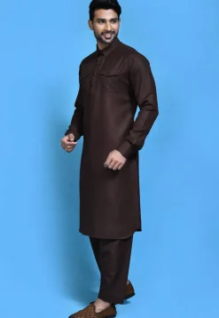 Solid Color Cotton Slub Paithani Suit in Dark Brown