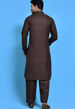 Solid Color Cotton Slub Paithani Suit in Dark Brown