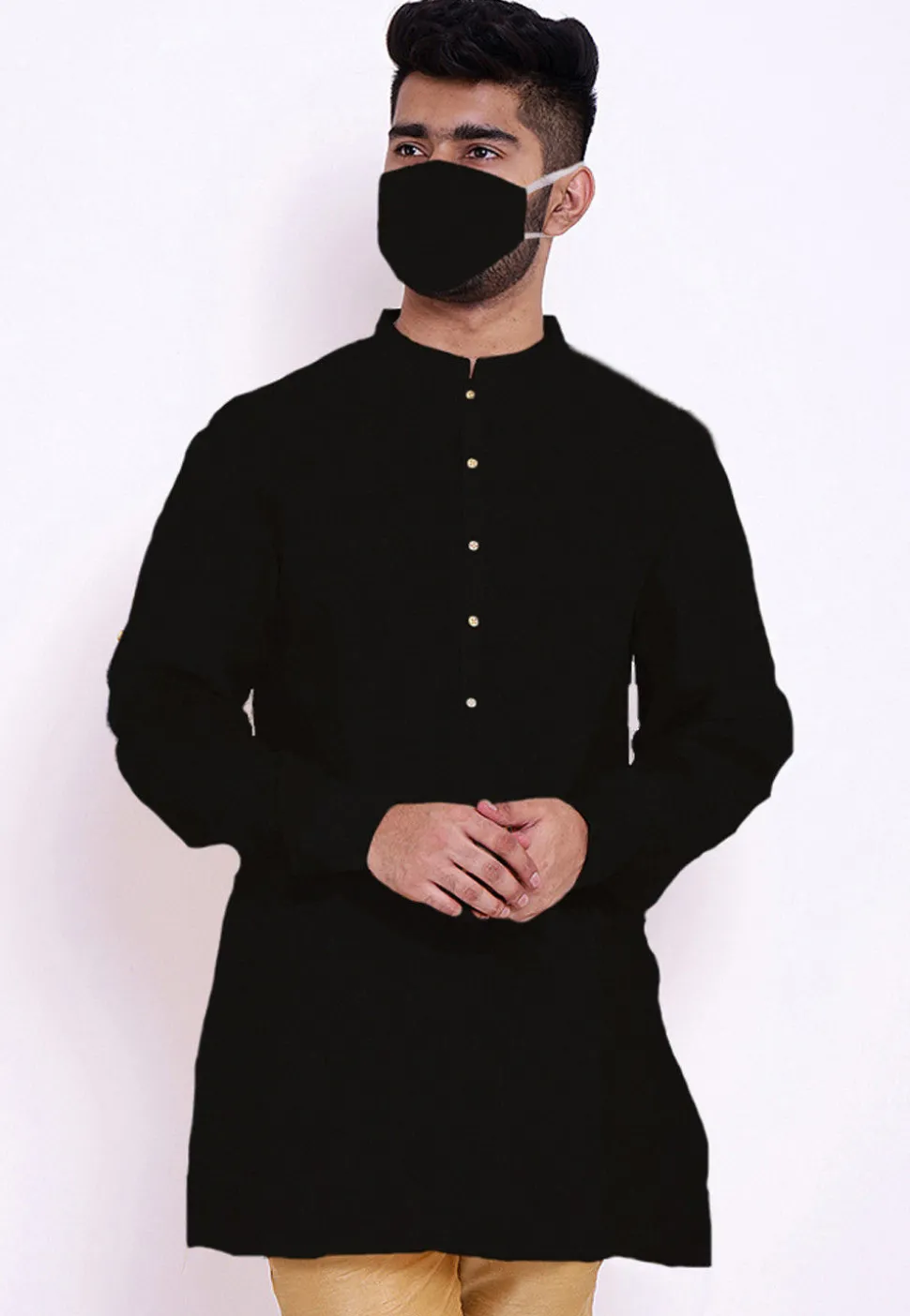 Solid Color Cotton Slub Short Kurta in Black