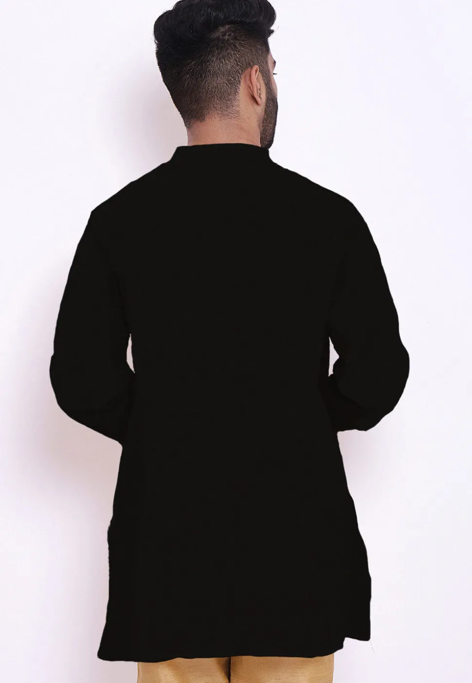 Solid Color Cotton Slub Short Kurta in Black