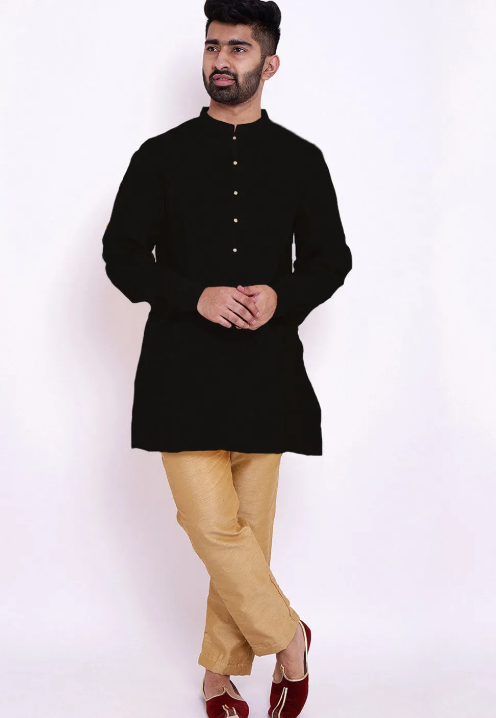 Solid Color Cotton Slub Short Kurta in Black