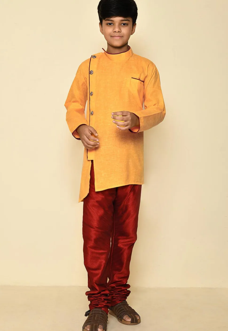 Solid Color Cotton Slub Sherwani Set in Yellow