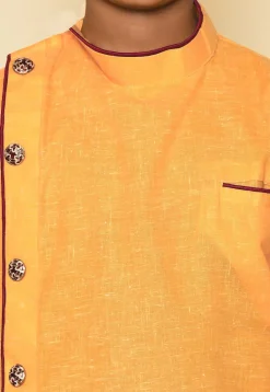 Solid Color Cotton Slub Sherwani Set in Yellow