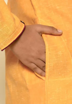 Solid Color Cotton Slub Sherwani Set in Yellow