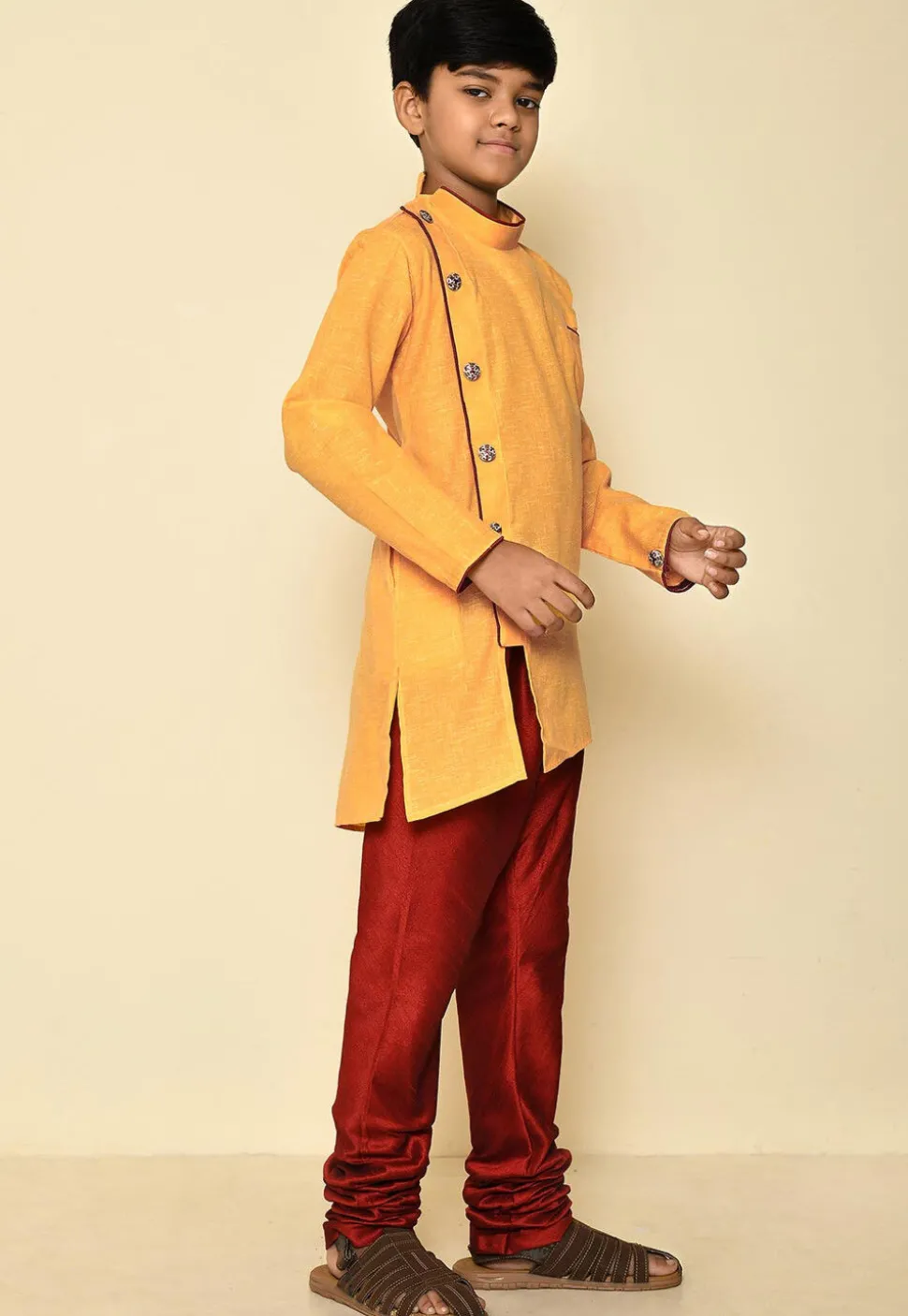 Solid Color Cotton Slub Sherwani Set in Yellow