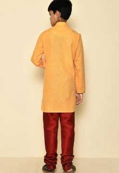 Solid Color Cotton Slub Sherwani Set in Yellow