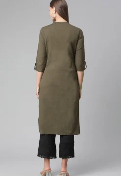 Solid Color Cotton Straight Kurta in Brown