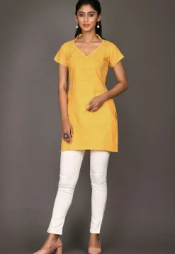 Solid Color Cotton Straight Kurti in Yellow