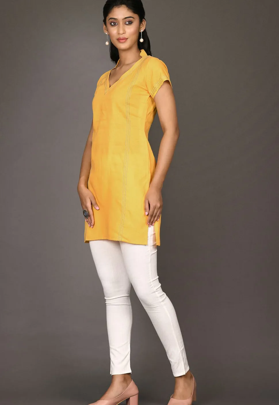 Solid Color Cotton Straight Kurti in Yellow