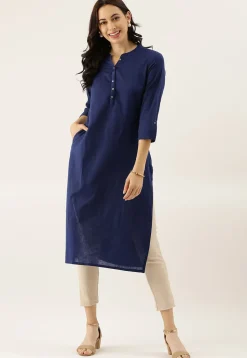 Solid Color Cotton Straight Kurta in Navy Blue