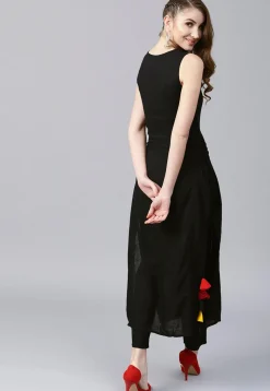 Solid Color Cotton Straight Kurta in Black