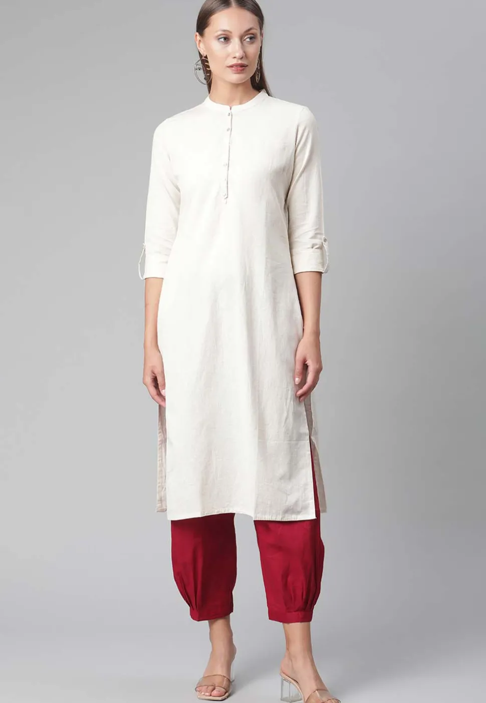 Solid Color Cotton Straight Kurta in Off White