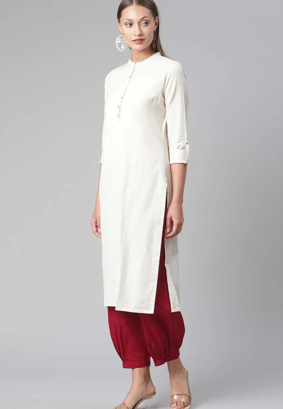 Solid Color Cotton Straight Kurta in Off White
