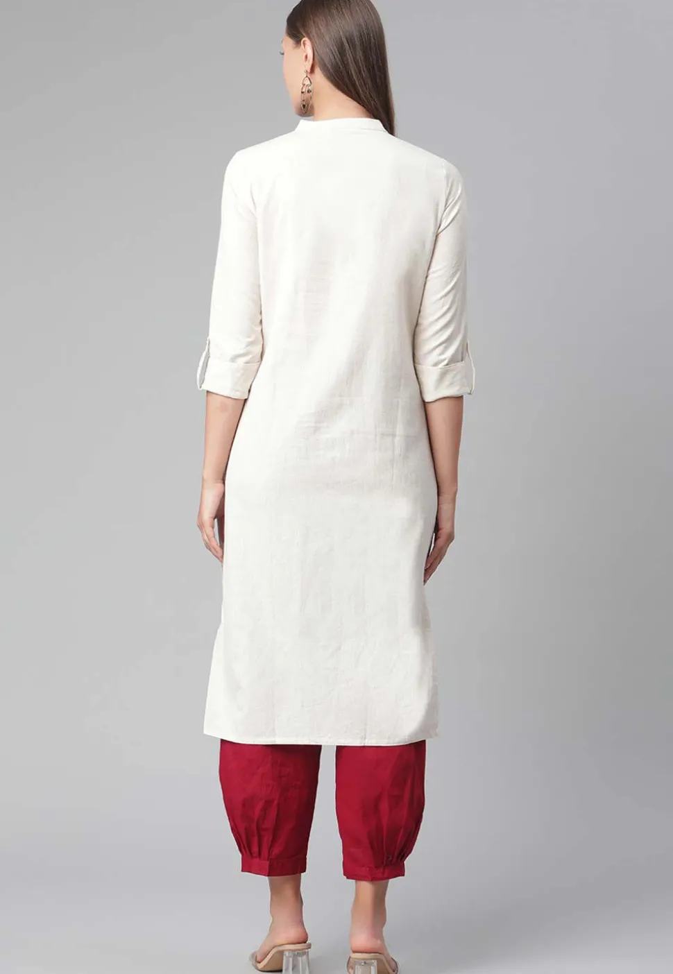 Solid Color Cotton Straight Kurta in Off White