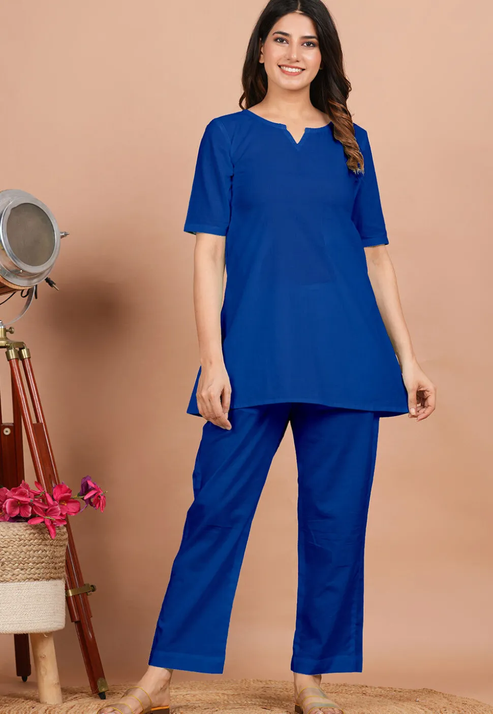 Solid Color Cotton Tunic in Blue