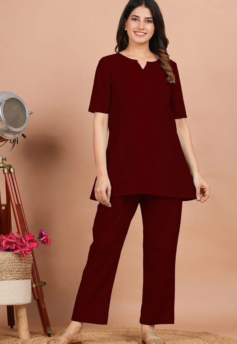 Solid Color Cotton Tunic in Maroon