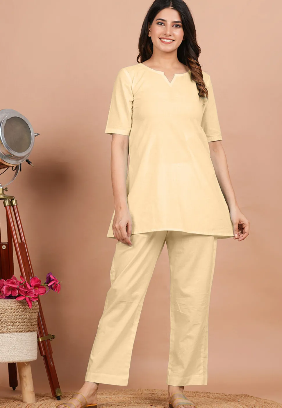 Solid Color Cotton Tunic in Beige