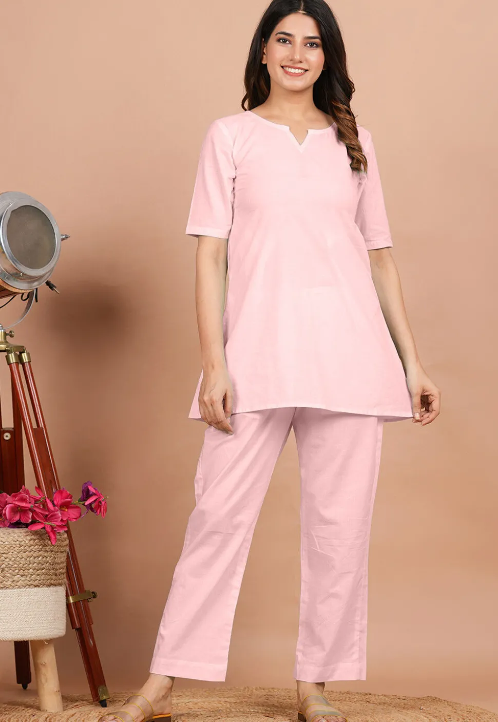 Solid Color Cotton Tunic in Baby Pink