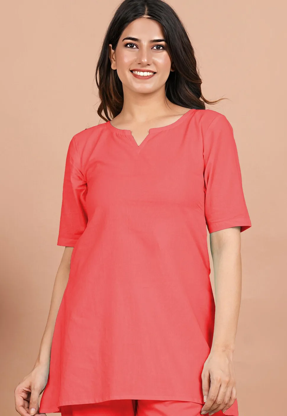 Solid Color Cotton Tunic in Coral Red