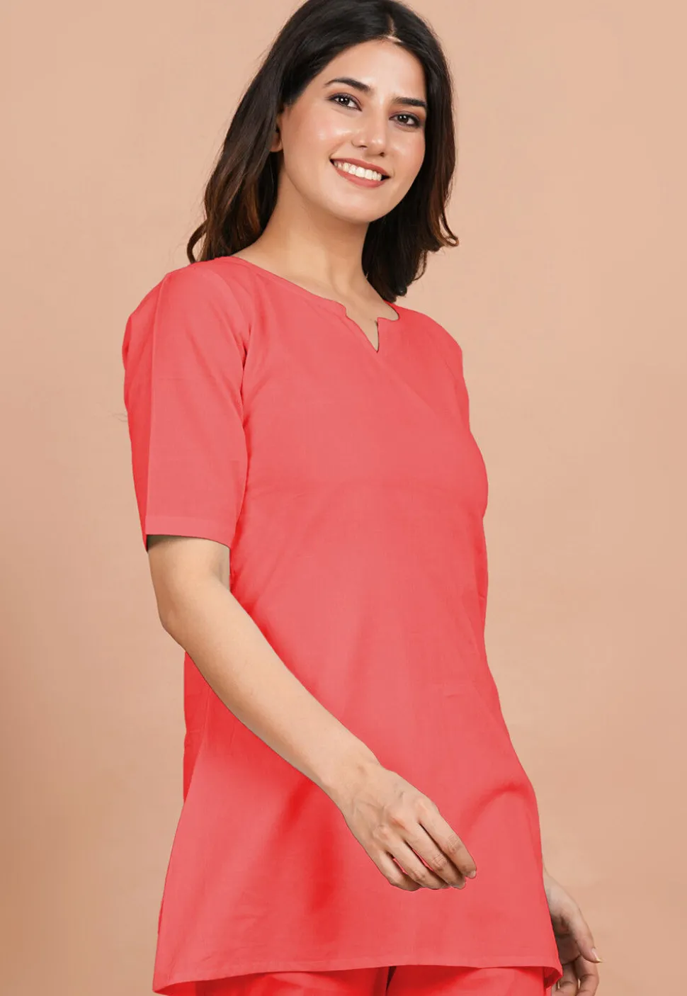 Solid Color Cotton Tunic in Coral Red