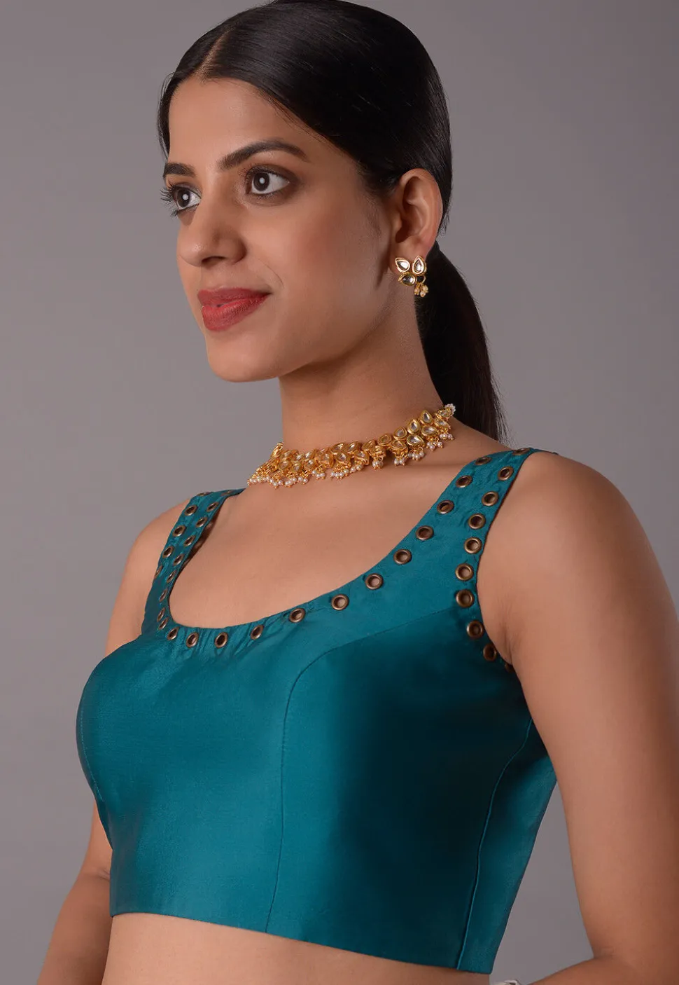 Solid Color Crepe Blouse in Teal Blue