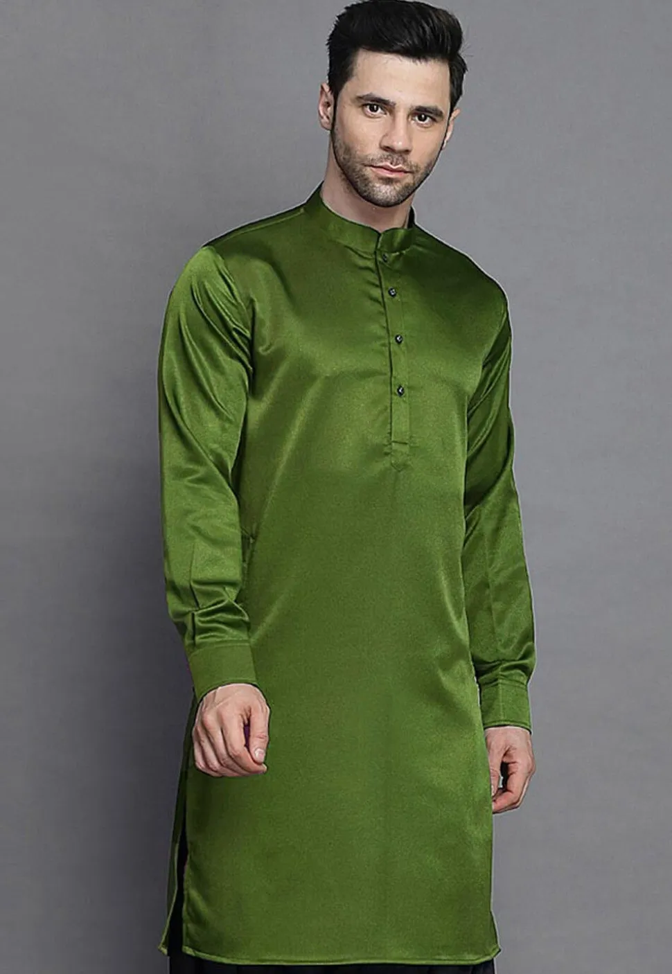 Solid Color Crepe Kurta in Olive Green