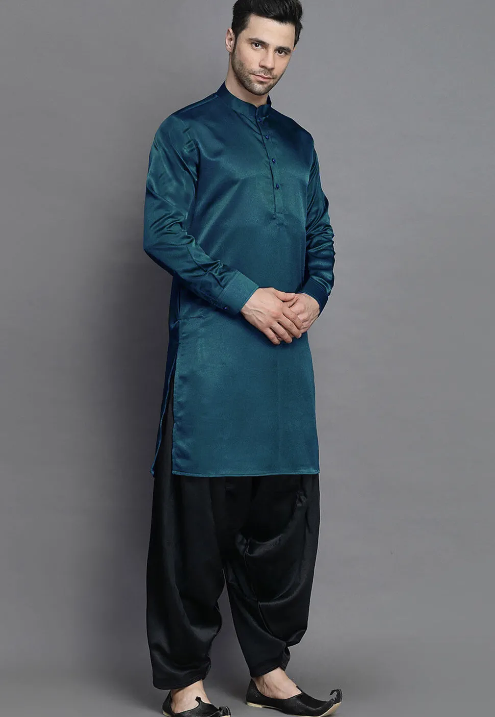 Solid Color Crepe Kurta in Teal Blue