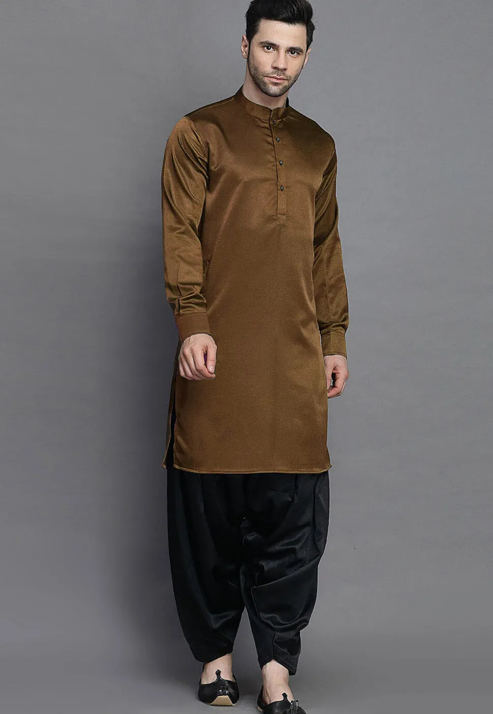 Solid Color Crepe Kurta in Brown
