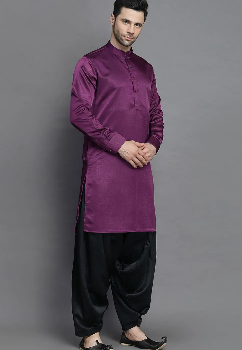 Solid Color Crepe Kurta Salwar Set in Purple