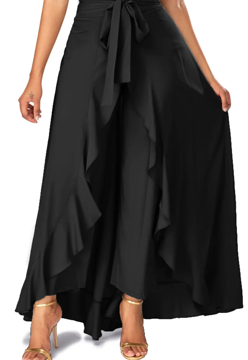 Solid Color Crepe Ruffle Palazzo in Black