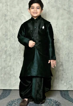 Solid Color Dupion Dhoti Kurta Jacket in Dark Green and Black