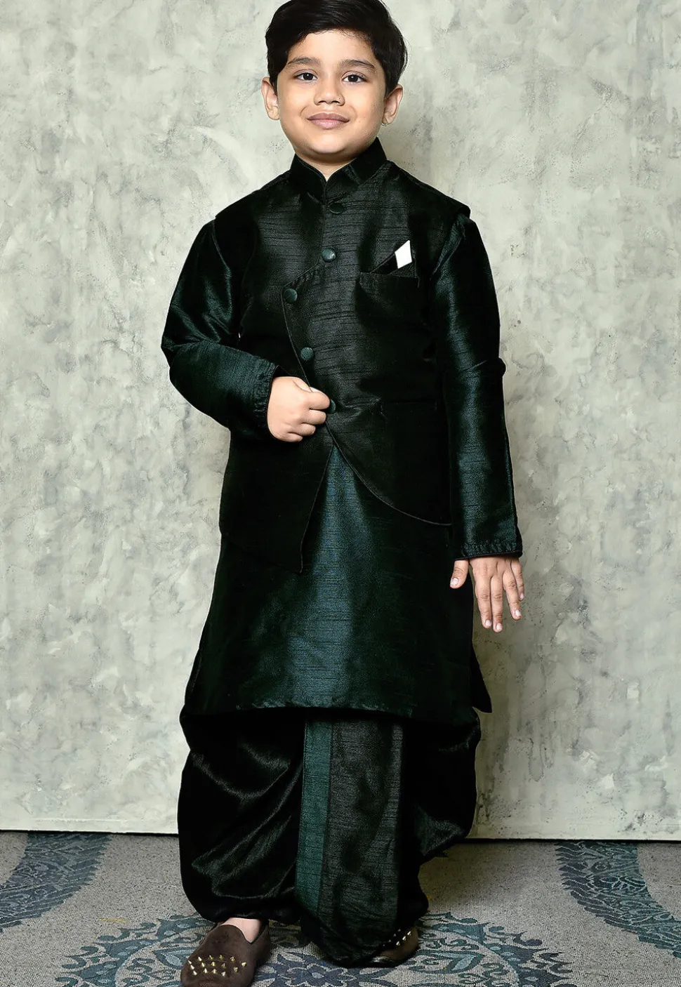 Solid Color Dupion Dhoti Kurta Jacket in Dark Green and Black