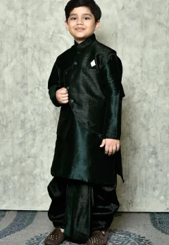 Solid Color Dupion Dhoti Kurta Jacket in Dark Green and Black